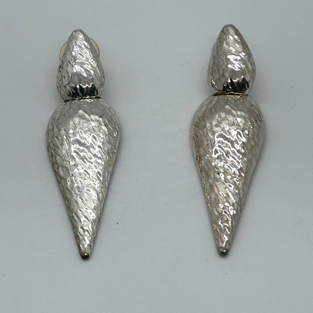 Vintage Chicos Earrings, Hammered Silvertone, Teardrop Dangle Statement - Picture 2 of 10
